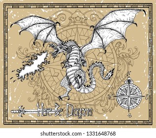 Scary dragon snorting fire, compass and title Here Be Dragons in frame. Vector sketch of tattoo fantasy concept and t-shirt design. Graphic line art illustration