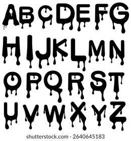 Scary dripping horror alphabet set in bold black silhouette. Ideal for Halloween, horror themes, posters, party invites, spooky graphics, and dark creative projects. Vector EPS format included.