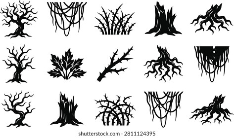 Scary dry tree collection silhouette dark woods spooky plant vector.