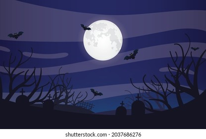 Scary and Eerie Night on Bright Full Moon background, Halloween Night Vector illustration.