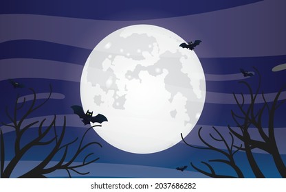 Scary and Eerie Night on Bright Full Moon background, Halloween Night Vector illustration.