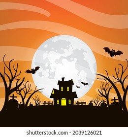 Scary and Eerie Night on Bright Full Moon background, Halloween Night Vector illustration.