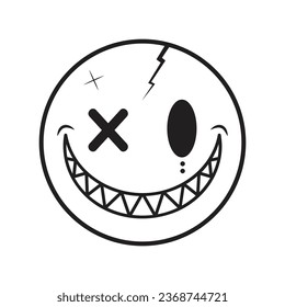 A scary emoji with sharp teeth and half-curved x eyes in black and white, perfect for tattoos, symbols or for a simple t-shirt design