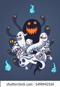 Scary entangled Halloween ghosts with blue flame spirits clip art. Vector illustration with simple gradients. Some elements on separate layers. 
