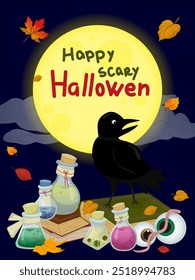Scary evening invitation, poster, flyers with halloween symbols. Black raven and potions. Vector background. Colorful vector illustration