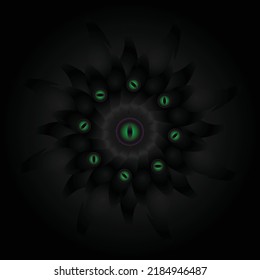 Scary Evil Cat Eye Monster Stare On Dense Black Fur Background, Sustaible Use For Wallpaper Smartphone Wall Painting Etc