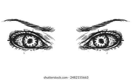 Scary evil eyes Doodle With Wings Illustration For Halloween, Black White Vector Drawing Evil Eyes.