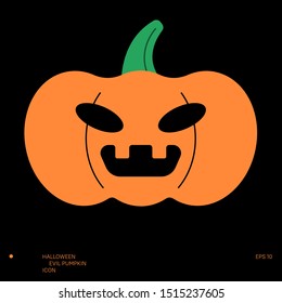 Scary evil pumpkin head illustration. Spooky halloween emotion icon.