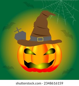 Scary, evil pumpkin on a green background with a gradient. Poster or invitation card template for scary Halloween holiday