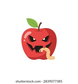 Scary Evil Red Apple with Worm Halloween Monster Fruit Vector Illustration