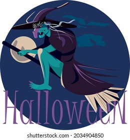 Scary evil witch flying on a broomstick against the background of the dark sky and the moon. Halloween lettering.