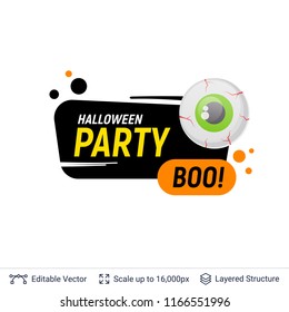 Scary eye and Halloween text. Bright cartoon label with editable copy space for holiday sales and parties.