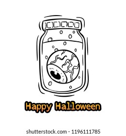 Scary Eye In Jar With Happy Halloween Text Using Hand Drawn Or Doodle Style