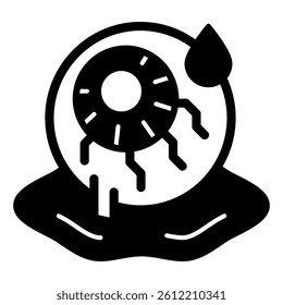 Scary eye organ solid icon, halloween concept. Vector graphics. Eye in a pool of blood sign on white background, style mobile or design