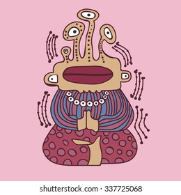 Scary eyed monster is engaged in yoga, sitting in lotus and meditating