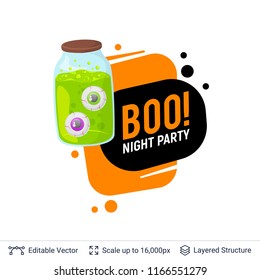 Scary eyes in jar and Halloween text. Bright cartoon label with editable copy space for holiday sales and parties.