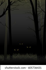 Scary eyes staring and lurking from dark woods, suitable for Halloween theme