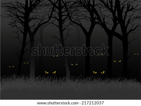 Scary eyes staring and lurking from dark woods, suitable for Halloween theme