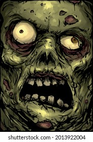 scary face of a creepy zombie in green color vector illustration