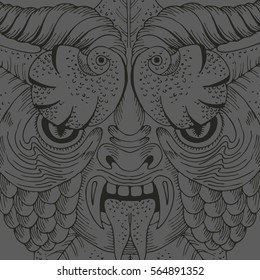 Scary face dragon mask - vector hand drawn illustration. Looking dangerous and mystery abstract animal mask, carnival or Halloween decoration in monochrome colors