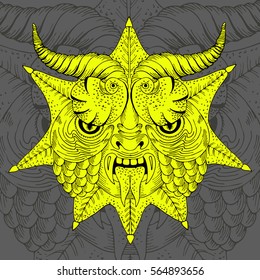 Scary face dragon mask - vector hand drawn illustration. Looking dangerous and mystery abstract animal mask, carnival or Halloween decoration in bright colors