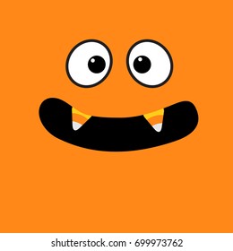 Scary face emotions. Big eyes, mouth with candy corn Vampire tooth fang. Happy Halloween. Baby Greeting card. Flat design style . Orange background. Vector illustration