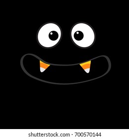 Scary face emotions. Big eyes, mouth with candy corn Vampire tooth fang. Happy Halloween. Baby Greeting card. Flat design style Black background. Vector illustration