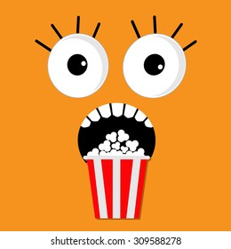 Scary face emotions boo Popcorn. Cinema icon in flat design style. Movie background Vector illustration