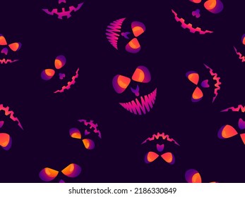 Scary face with glowing eyes seamless pattern. Evil scary eyes carved in a pumpkin. Halloween Jack O Lantern. Design for greeting card, banner and holiday invitations. Vector illustration