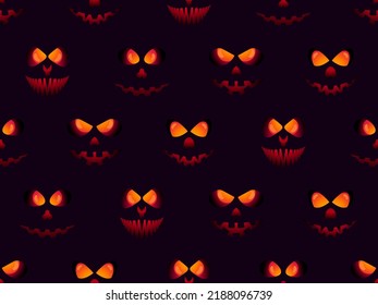 Scary face with glowing eyes seamless pattern. Evil scary eyes carved in a pumpkin. Halloween Jack O Lantern. Design for greeting card, banner and holiday invitations. Vector illustration