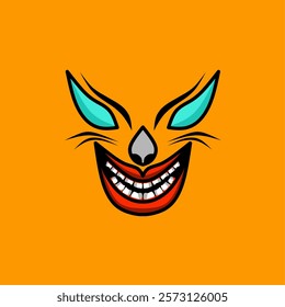 Scary face graphic vector illustration on orange background, highlighting the glowing eyes and creepy smile. Perfect for horror, Halloween or graphic design creativity themes.