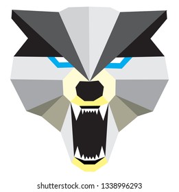 Scary face of a howling wolf in black & grey with blue eyes and canine teeth vector color drawing or illustration 