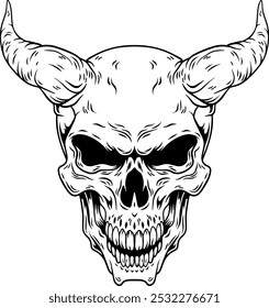 scary face illustration of horned skull , vector illustration