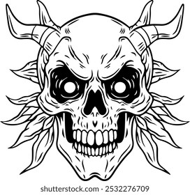 scary face illustration of horned skull , vector illustration