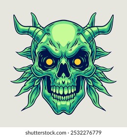 scary face illustration of horned skull , vector illustration