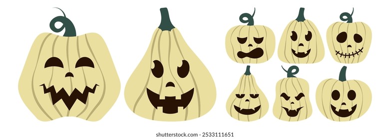 Conjunto de calabaza de cara de miedo. El símbolo principal de la fiesta de Halloween feliz. Ilustración de Acción de Gracias y cosecha