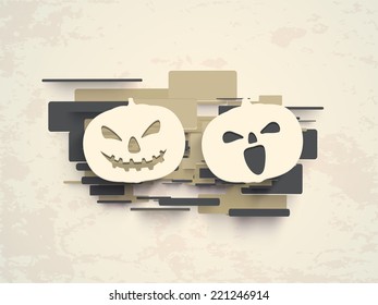 Scary faces of pumpkin for Halloween party night on retro background.