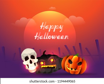 Scary faces of pumpkins and human skull on glossy full moon background. Happy Halloween greeting card design.