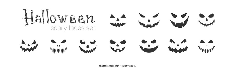 Scary faces set icons. Halloween pumpkins face silhouettes. Vector flat illustration