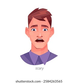 Scary, facial expression of man personage gasping and raising brows in frightened manner. Vector isolated flat cartoon character looking at cause of fear. Scared young guy with open mouth