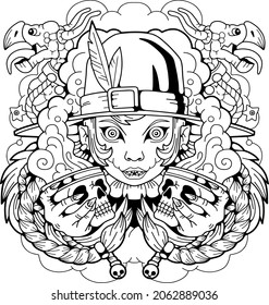 scary fairy tale witch, outline illustration, design