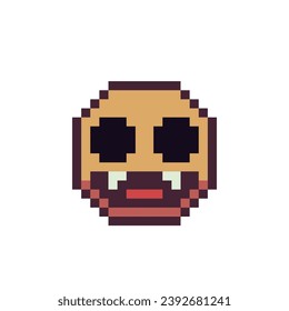 Scary fang teeth on monster face halloween pixel art icon, spooky head cartoon character, smiley with black eyes. 8-bit. Flat style. Isolated vector illustration.