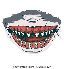 Scary fanged jaws of shark. Horror mask print illustration