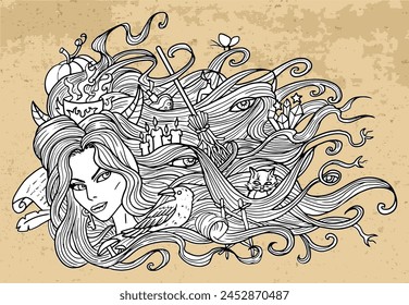 Scary fantasy engraved illustration with beautiful witch woman and ritual objects in hair. Esoteric, mystic and gothic concept, Halloween background, character design