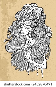 Scary fantasy engraved illustration with beautiful woman as demon with skulls in hair. Esoteric, mystic and gothic concept, Halloween background, character design