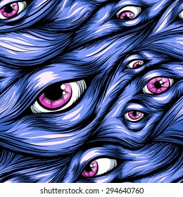 Scary fantasy pattern background.Hair and eyes.Pink eyes in blue hair.