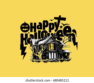 Scary farmhouse Hand Drawn Sketch Vector - Halloween background