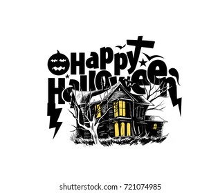 Scary farmhouse Hand Drawn Sketch Vector - Halloween background