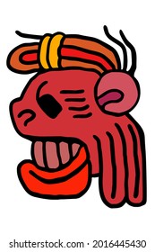 scary feline head character icon, inspired by a Mayan glyph. In red tones