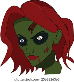 Scary female zombie head isolated on white background cartoon style vector illustration